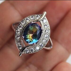 18K White Gold 8CT Mystic Topaz Halo Diamond Color Changing Ring
